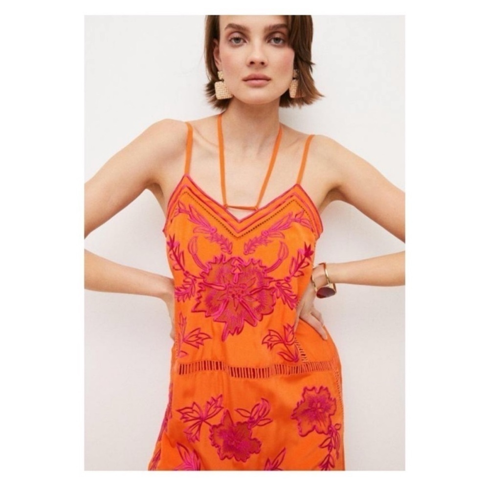 Karen Millen Embroidered Strappy Modi Dress in Orange and Pink Sz 8 - Picture 6 of 10